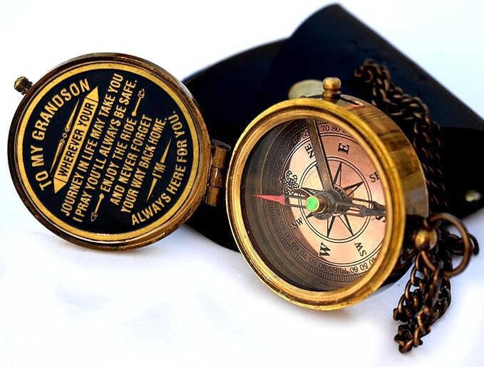Gift for Grandson Brass Compass Engraved Quote