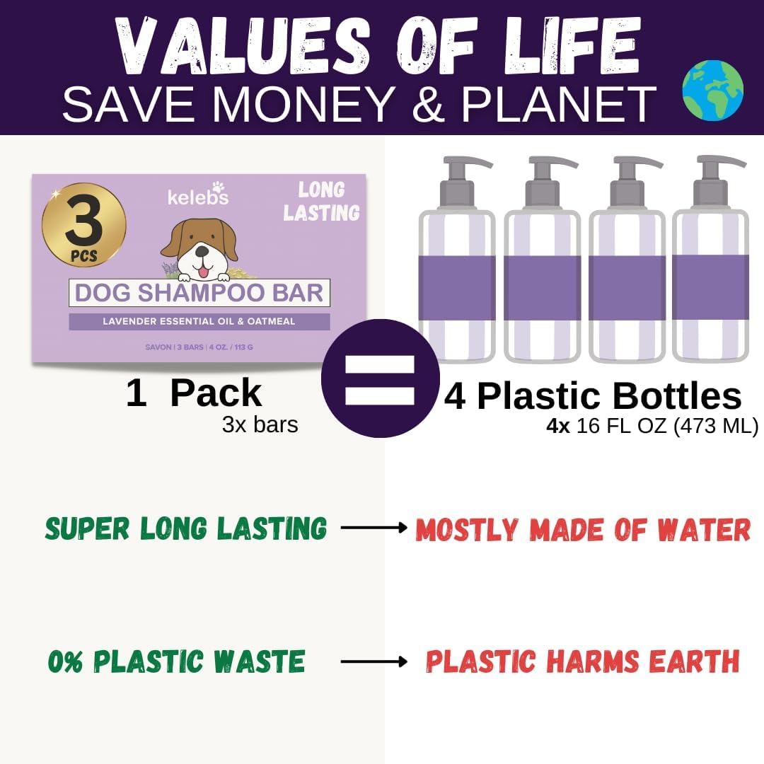 Kelebs Dog Shampoo | Allergies and itching | Dog Shampoo for Sensitive Skin | All Natural Dog Soap Bar with Lavender Oil & Oatmeal | No Plastic Vegan | 3PCS