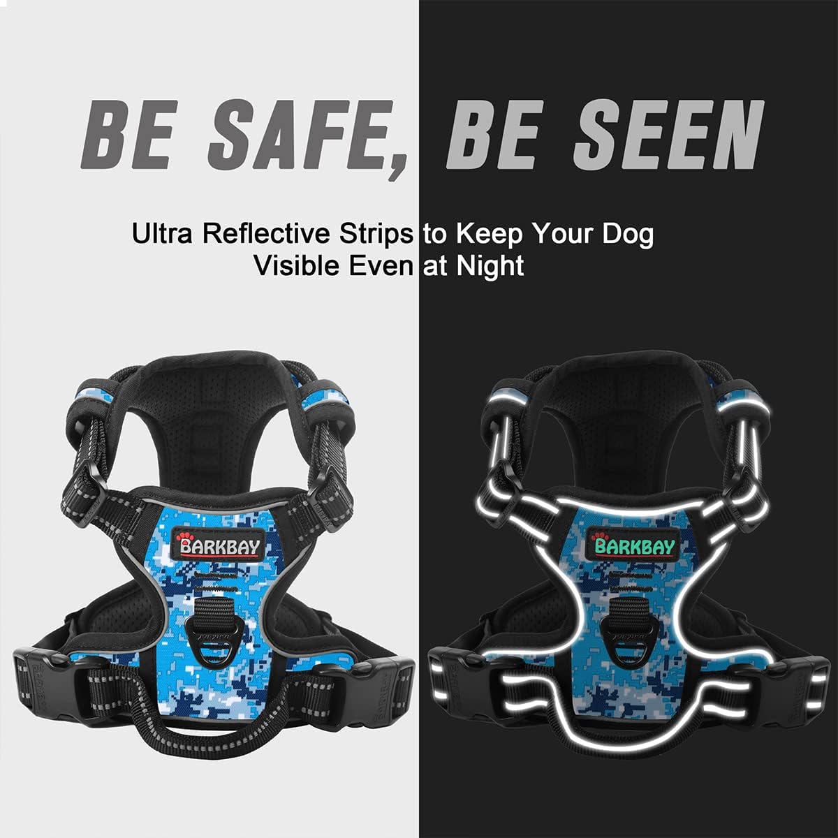 BARKBAY No Pull Dog Harness Front Clip Heavy Duty Reflective Easy Control Handle for Large Dog Walking(Blue camo,M)