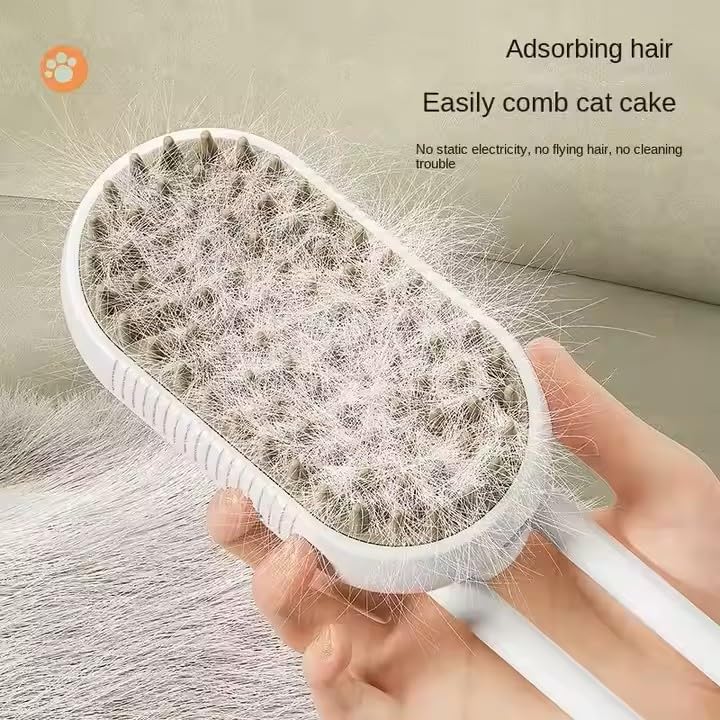 3-in-1 Steam Pet Brush for Cats & Dogs – Self-Cleaning Grooming Comb with Spray Mist, Massage & Shedding, Rechargeable USB, Anti-Static, Foldable Handle (TAN)
