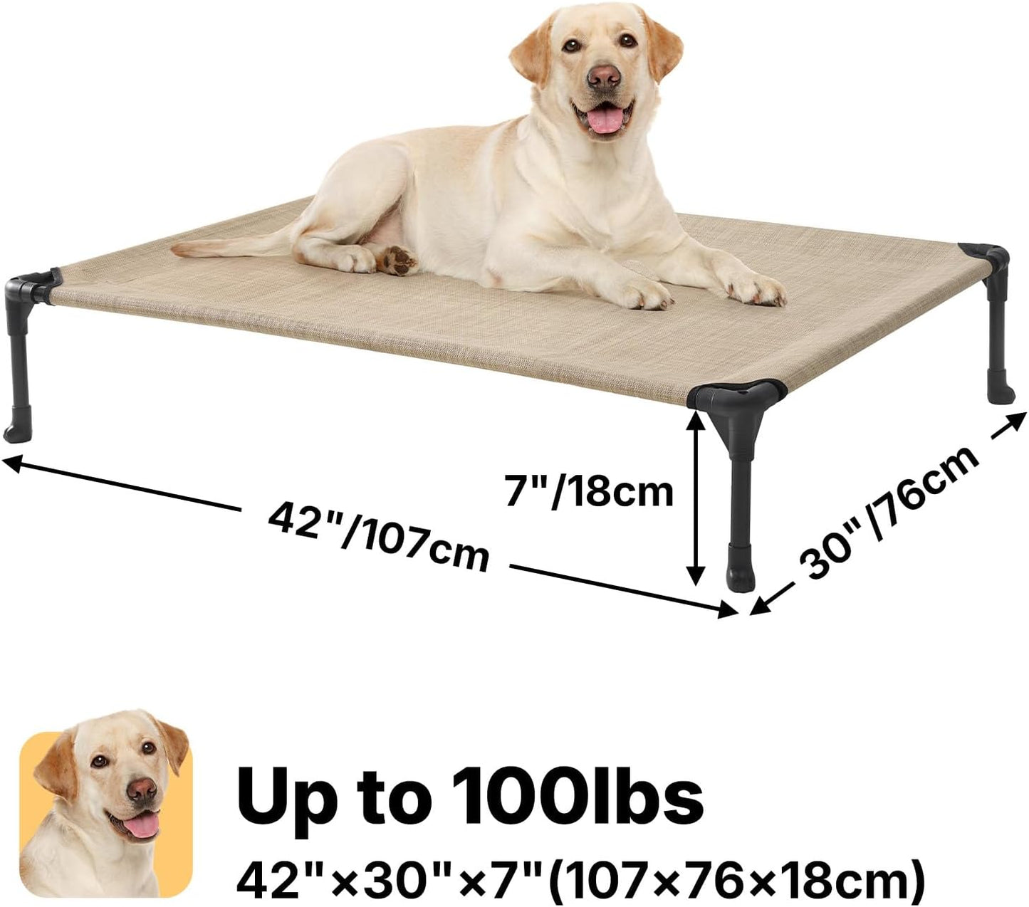 Veehoo Outdoor Elevated Dog Cot Bed, Cooling Raised Pet Bed for Large Dogs, Washable Breathable Mesh Hammock Bed with No-Slip Feet, Indestructible Ground Off Training Platform Cot-42"x30" Beige Coffee