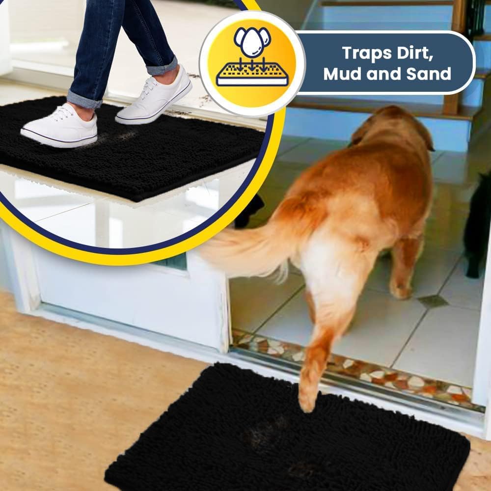Muddy Mat® AS-SEEN-ON-TV Highly Absorbent Microfiber Door Mat and Pet Rug, Non Slip Thick Washable Area and Bath Mat Soft Chenille for Kitchen Bathroom Bedroom Indoor and Outdoor - Black 3ft x 8ft