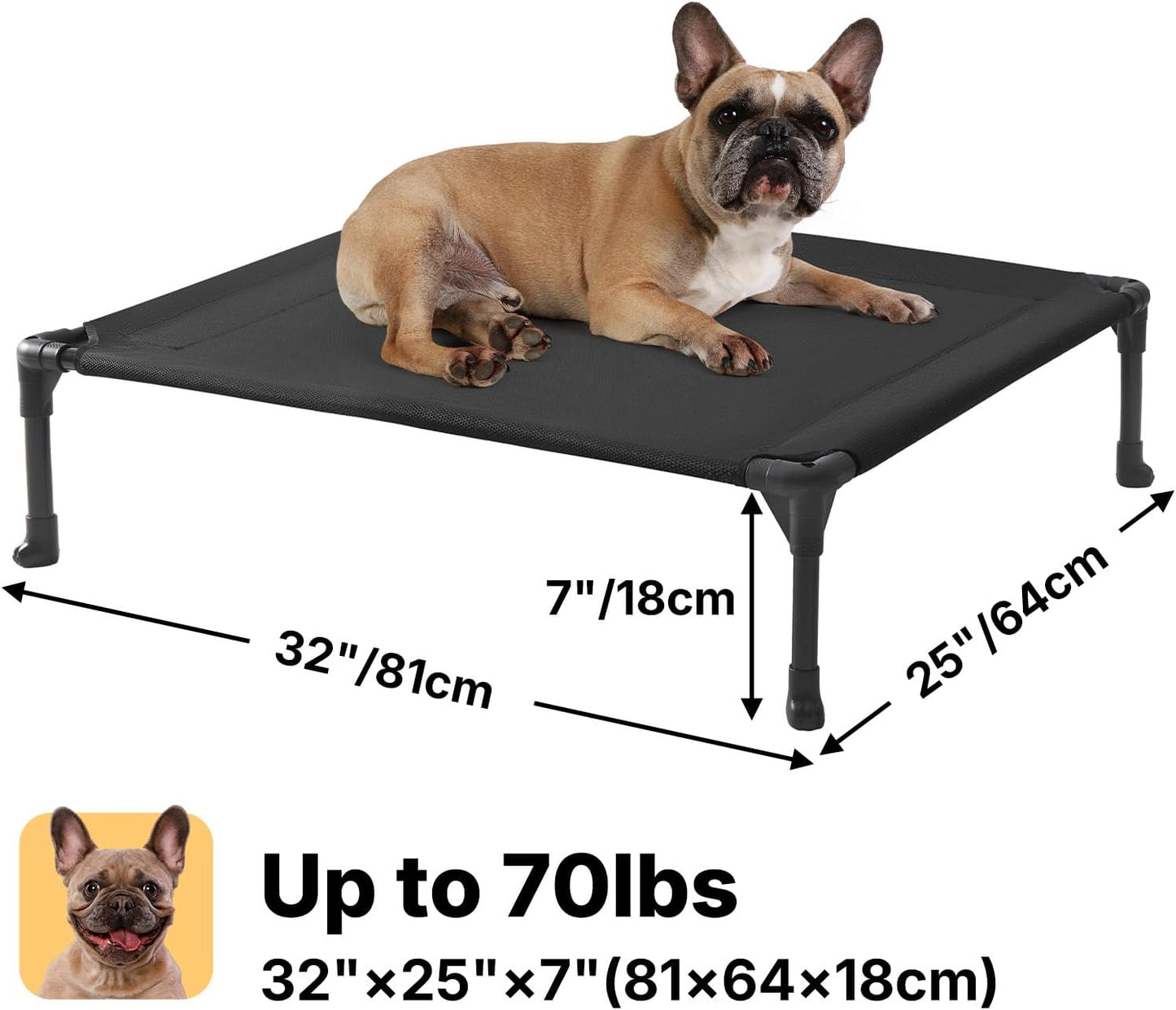 Veehoo Outdoor Elevated Dog Cot Bed, Cooling Raised Pet Bed for Medium Dogs, Washable Breathable Mesh Hammock Bed with No-Slip Feet, Indestructible Ground Off Training Platform Cot-32"x25" Black