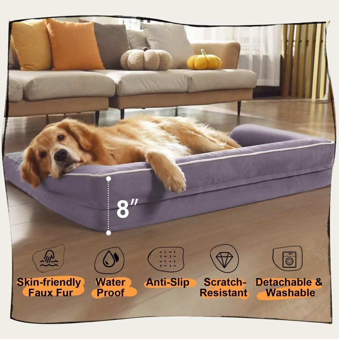 Large Dog Bed Orthopedic Washable, Orthopedic Dog Beds for Large Dogs with Washable Cover, Removable Bolster and Non-Slip Bottom Purple Pet Beds for XXXLarge Extra Large Dogs