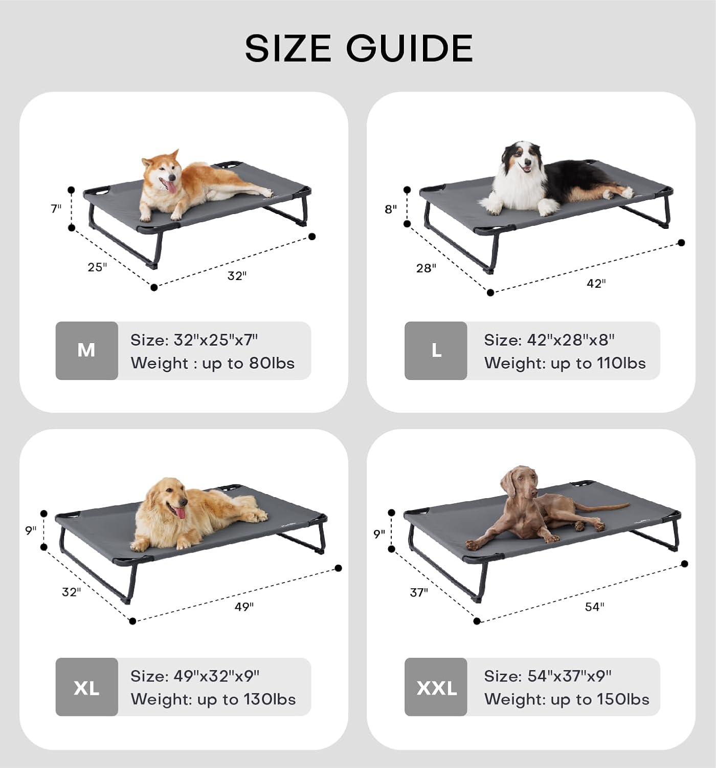 Made4Pets Elevated Cooling Dog Bed for Small Medium Dogs – Raised Pet Cot with Breathable Mesh, No-Slip Feet, Chew-Resistant Frame, Portable Indoor & Outdoor Dog Hammock Bed, 32"x25", Gray