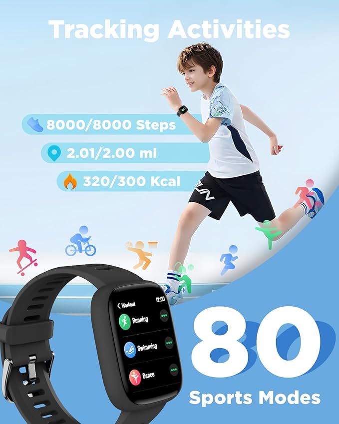 BIGGERFIVE Smart Watch for Kids, 1.8" Fitness Tracker Watch Pedometer, Heart Rate, IP68 Waterproof, Sleep Monitor, Calorie Step Counter, 5 Puzzle Games with/Without APP for Girls Boys Teens 5-16