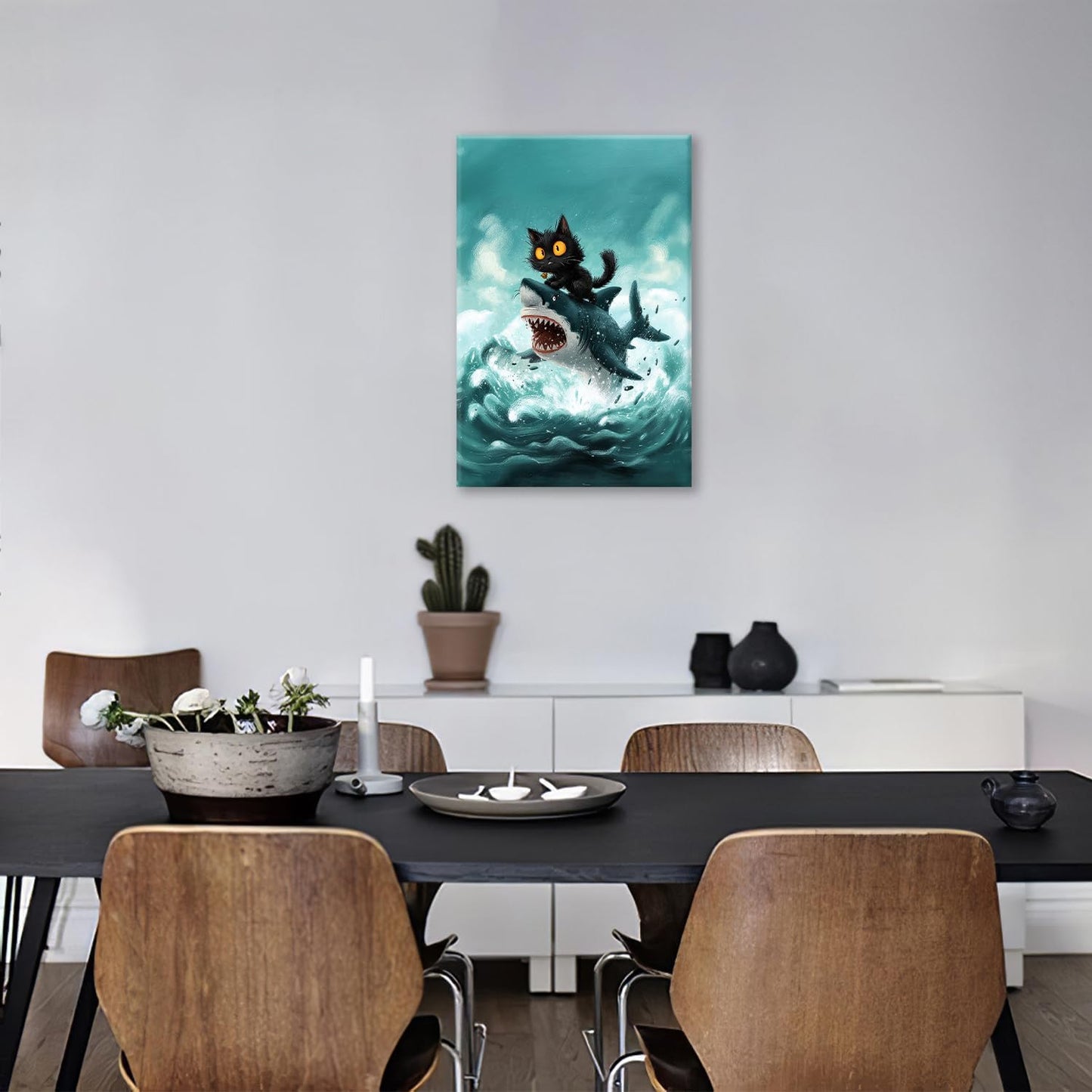 Funny Black Cat Bathroom Wall Art Cute Cat Riding Shark Canvas Wall Decor Animal Kitten Pictures Painting Print Artwork Framed Decorations Gifts for Cat Lover Kids Room Bedroom 16"x24"