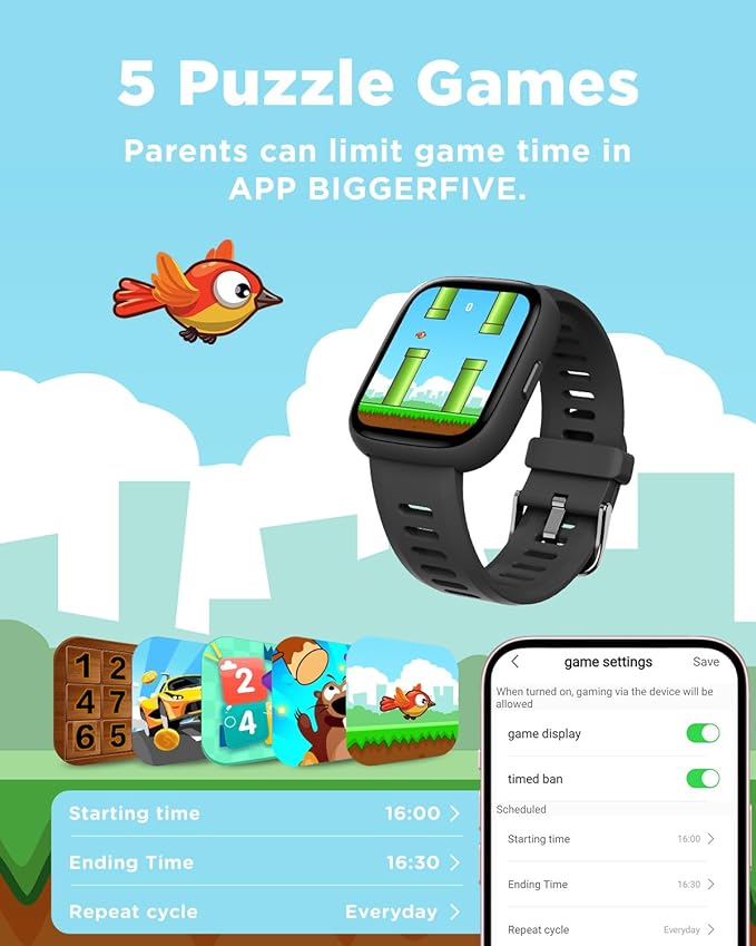 BIGGERFIVE Smart Watch for Kids, 1.8" Fitness Tracker Watch Pedometer, Heart Rate, IP68 Waterproof, Sleep Monitor, Calorie Step Counter, 5 Puzzle Games with/Without APP for Girls Boys Teens 5-16