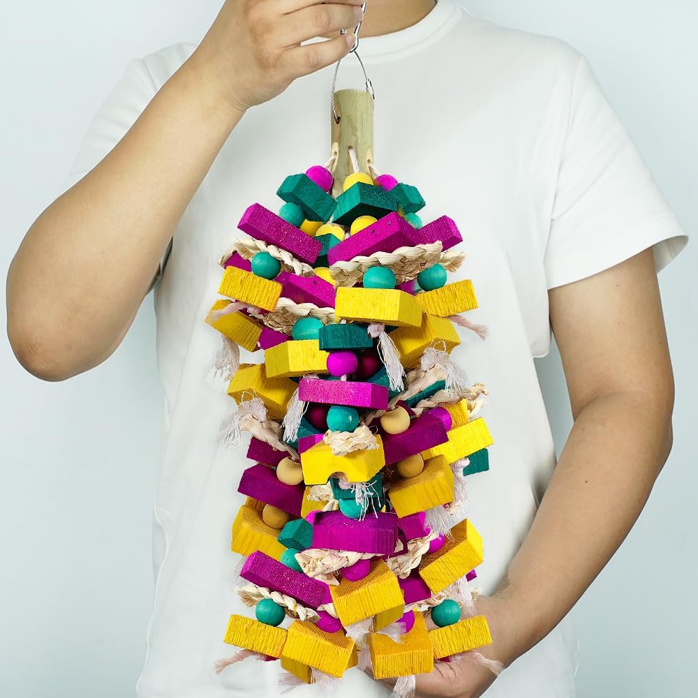 Large Bird Toys, Multi-Color Wooden Block with Bamboo Support Bird Chewing Toy Parrot Cage Bite Toy for Macaws Cokatoos African Grey and Large Medium Parrot Birds