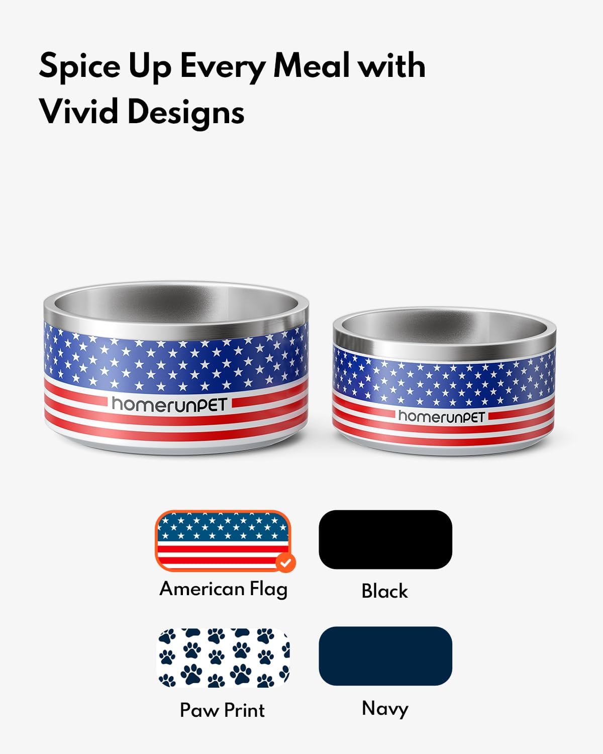 Homerunpet Double Wall Stainless Steel Dog Bowls, Non-Slip Base, Dishwasher Safe, Durable Pet Food & Water Bowl for Dogs & Cats(32oz, American Flag)