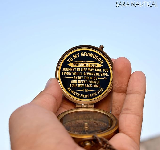 Gift for Grandson Brass Compass Engraved Quote