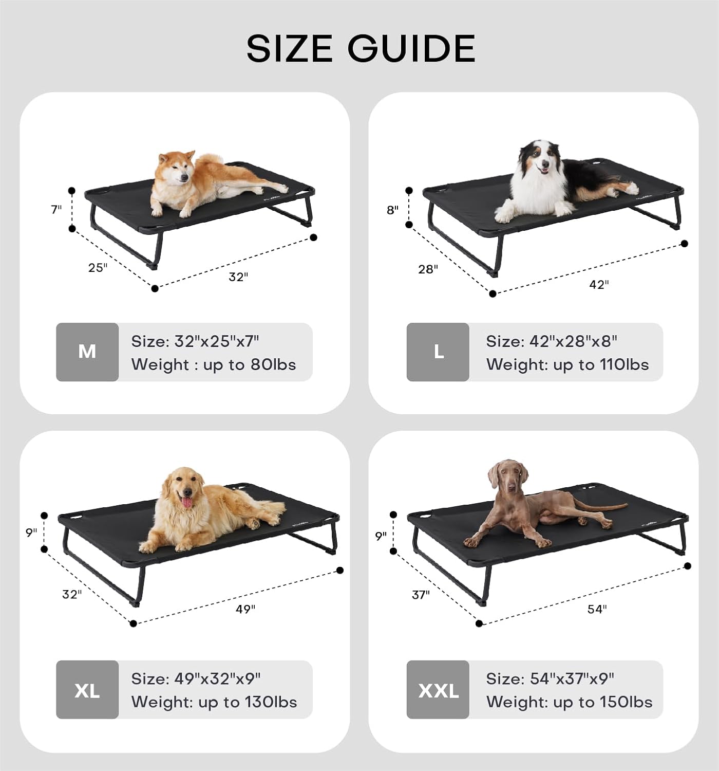 Made4Pets Raised Dog Bed for XXL Dogs - Outdoor Elevated Pet Cot with Snap-in Legs, Washable Mesh, Non-Slip Feet, Durable & Chew-Resistant Hammock Bed, Indoor & Outdoor Use, 54"x37", Black