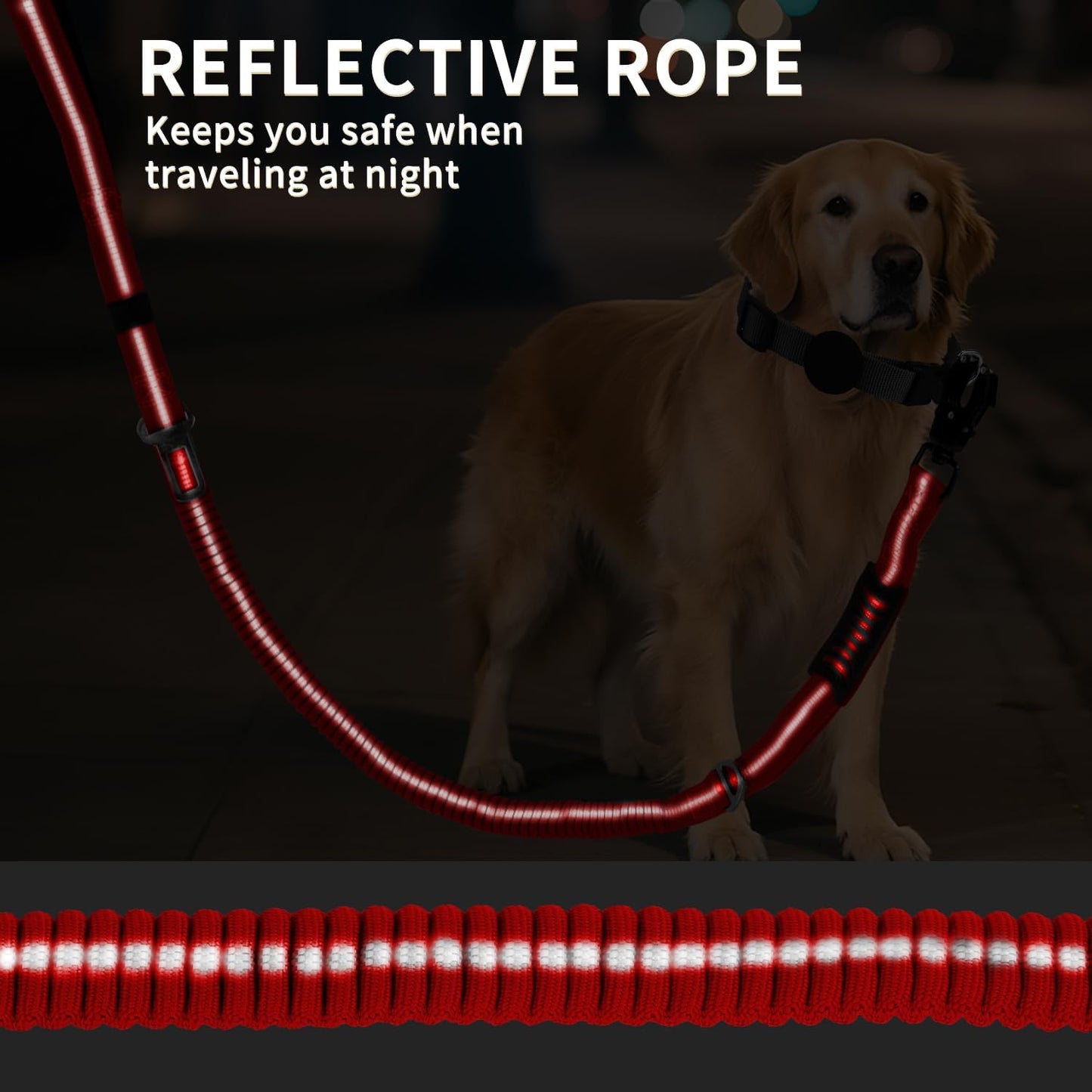 Heavy Duty Bungee Dog Leashes, 4-6FT Shock Absorbing Tactical Dog Leash with 2 Padded Handles, Metal Carabiner Clip, No Pull Reflective Dog Leash for Medium Large Dogs (Red)