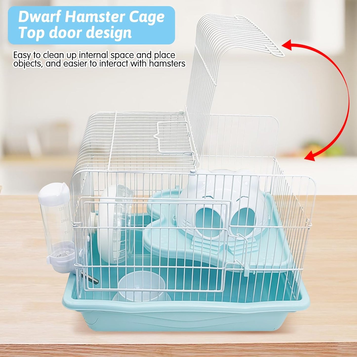 PINVNBY Dwarf Hamster Cage, Small Animal Cages, 2-Tier Travel Portable Mouse Cage Hamster Carrier with Castle House Running Exercise Wheels, Water Bottle and Food Dis(Blue)