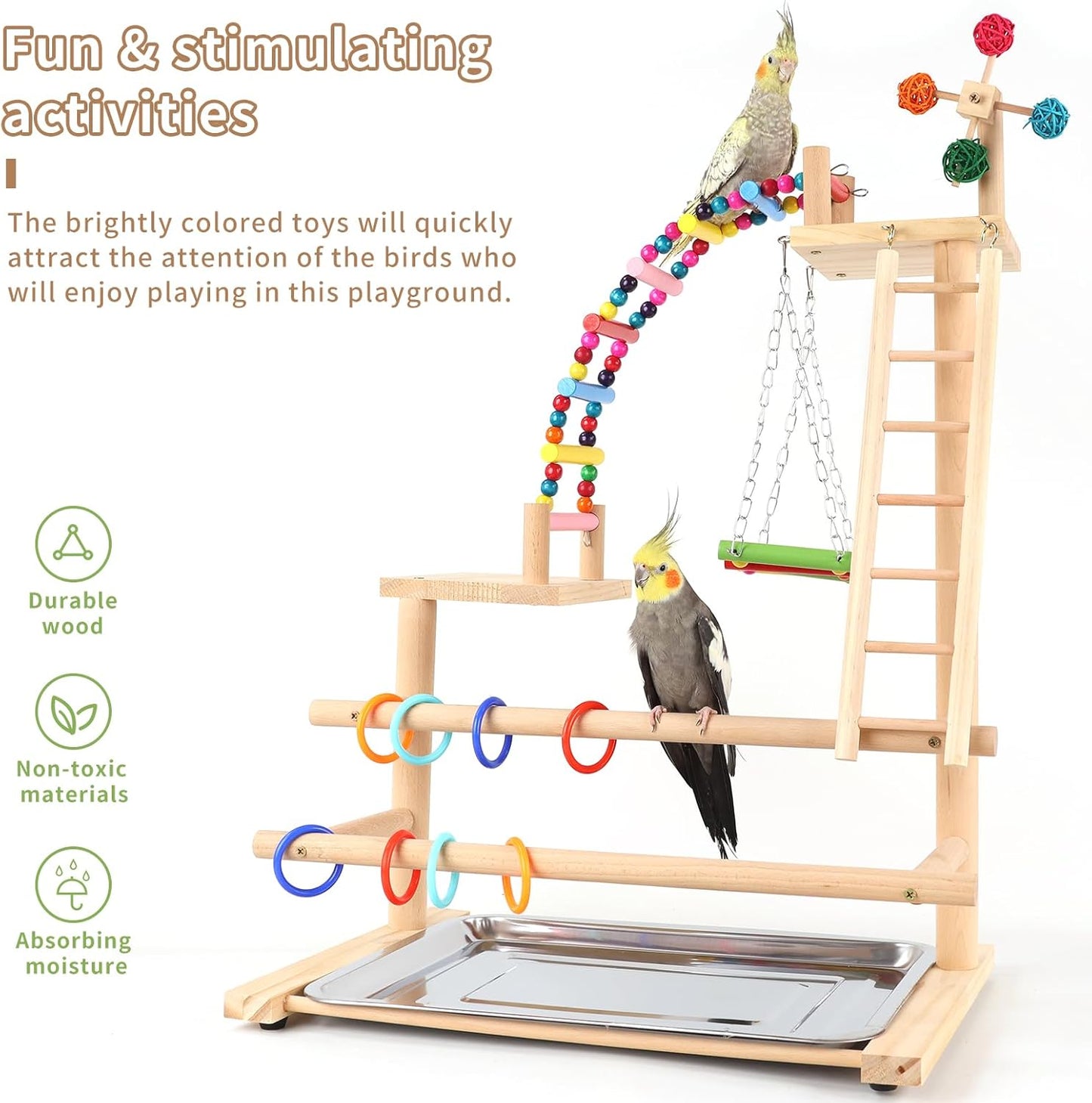 Bird Playground, Perch Stand Parrot Playstand Play Gym with 2 Perches Stand Windmill Toys, Playpen for Parakeet Conure Cockatiel Lovebird Budgie Caique, Exercise Playgym with feeding Cups
