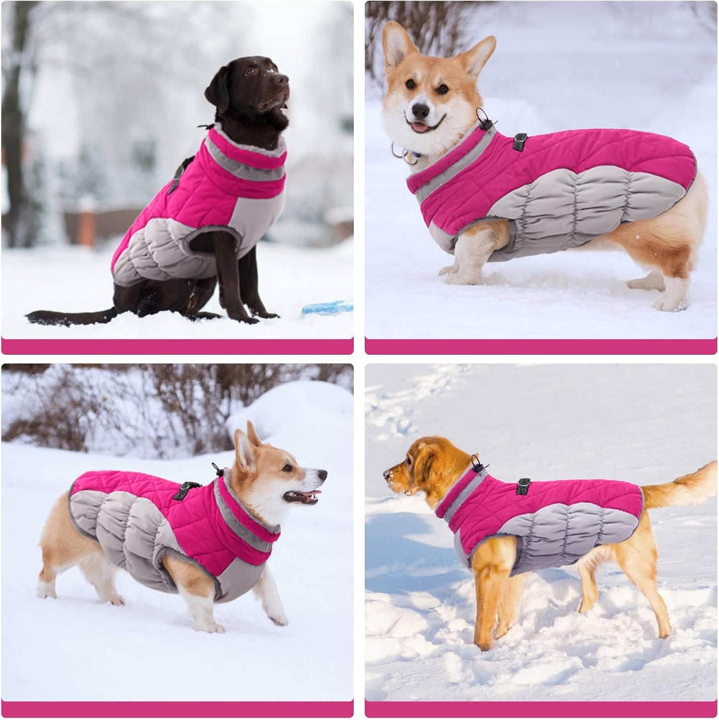 FUAMEY Dog Coat for Large Dogs,Waterproof Dog Winter Jacket with Harness Built in Puppy Cold Weather Coats Reflective Pet Vest with Zipper Warm Fleece Dogs Snowsuit Windproof Pink XXL