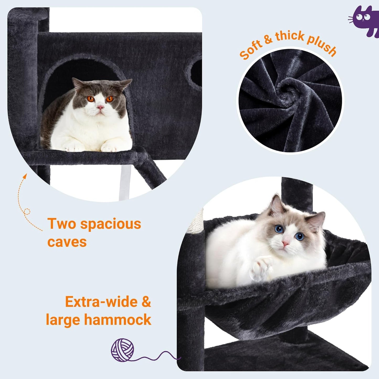 Allewie 81 Inches Tall Cat Tree/Multi-Level Large Climbing Tree House and Towers for Big Feline/Condo and Hammock/Scratching Post/Wide Base/Dark Grey