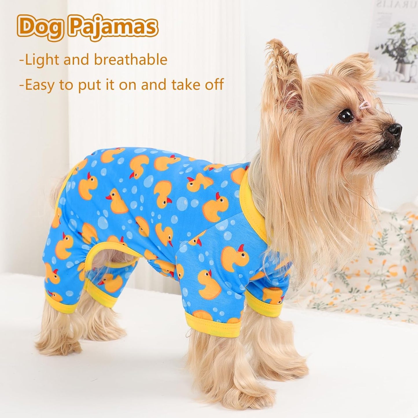 Dog Pajamas Small Sized Dogs Stretchable Summer Dog Clothes Pjs 4 Legs Girl Boy Cute Soft Puppy Outfits Doggie Cat Jammies Jumpsuit Sleeper for Pet, Blue Duck, S