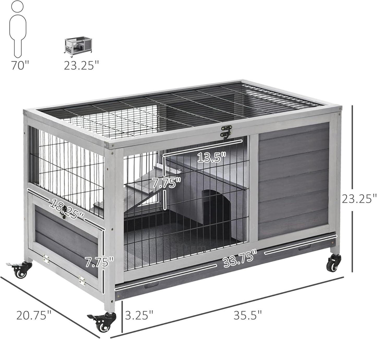 PawHut Wooden Rabbit Hutch Indoor Outdoor, Elevated Bunny Cage with No Leak Tray Enclosed Run with Wheels, Ideal for Guinea Pigs and Small Animals, Gray