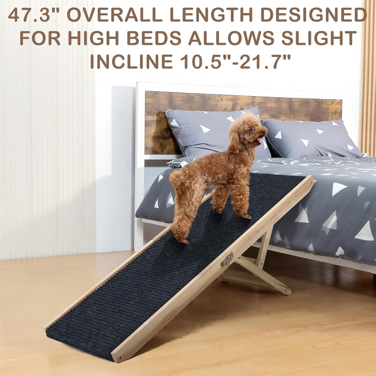 Folding Dog Ramp Safety for Bed, Wooden 5 Adjustable Height Pet Ramps, Potable Dog Steps with Non-Slip Traction Mat, Dog Step, Dogs Stairs for SUV Car, Couch, Safe,Height Bed(47.3 Inch Long)