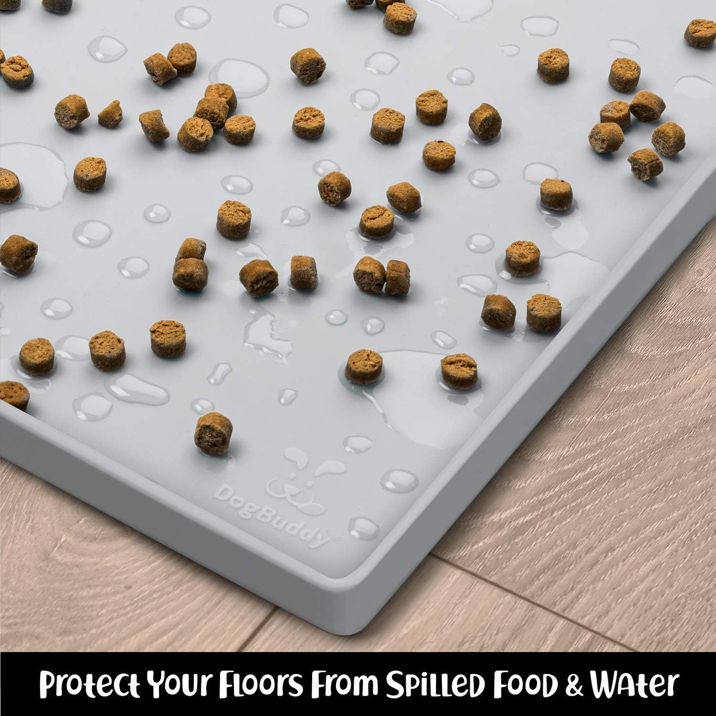 DogBuddy Dog Food Mat – Waterproof Dog Bowl Mat for Food and Water, Silicone Pet Feeding Mats for Floors, Non-Slip Placemat with High Edges for Dogs Bowls, Puppy Essentials (Small: 19"x12", Mist)