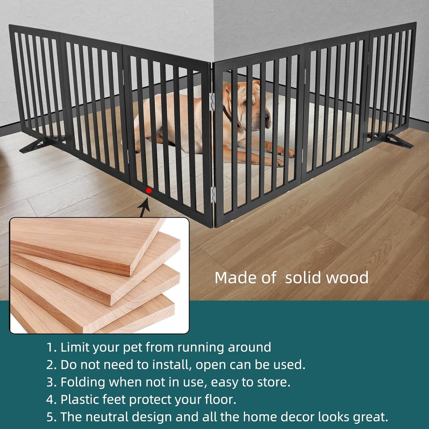 ZJSF Freestanding Indoor Dog Gate for House Foldable Wood Puppy Gate for Doorways Pet Gate for Stairs Extra Wide Pet Fence, Black, 32" Height 6 Panels