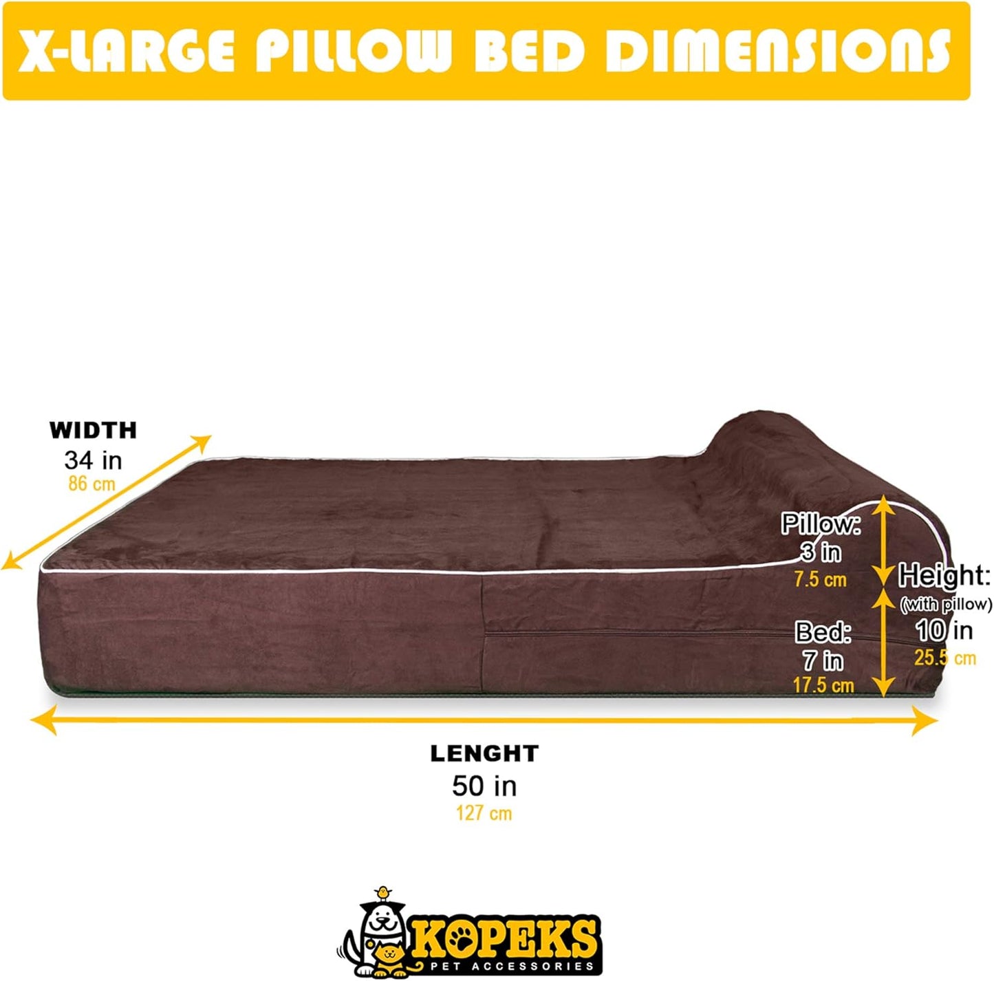 KOPEKS Orthopedic Memory Foam Dog Bed 7" Inch Thick Extra Large Dog Bed With Pillow Brown 50"x34"x10" Includes Waterproof Liner & Durable Removable Cover With Smart Design