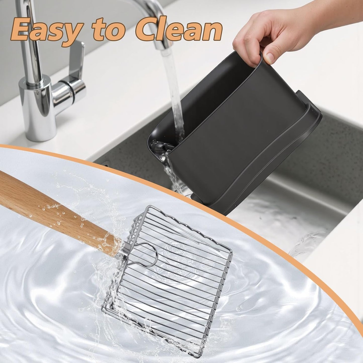 Metal Cat Litter Scoop with Holder, Poop Scooper with Stand and 2 Rolls of Garbage Bags, Heavy Duty Stainless Steel Shovel with Wooden, Quick Sifter for Easy Cleaning (Long handle-9.8" with Holder)