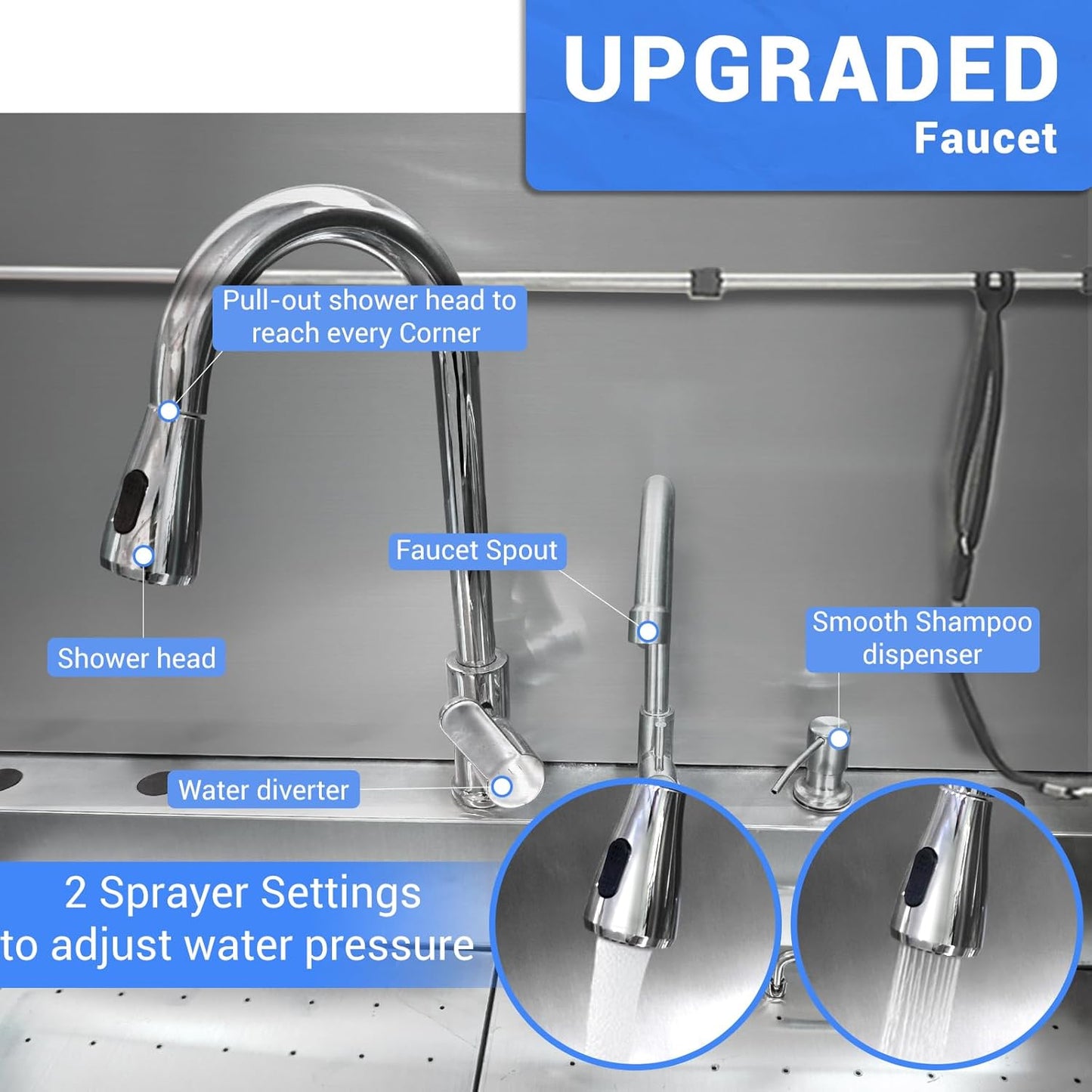 Professional Dog Grooming Tub, 62" Stainless Steel Dog Wash Station with Foldable Ramp, Storage Drawer, Floor Grate & Faucet/Dog Bathtub for Large, Medium & Small Pets - Left Door (62")