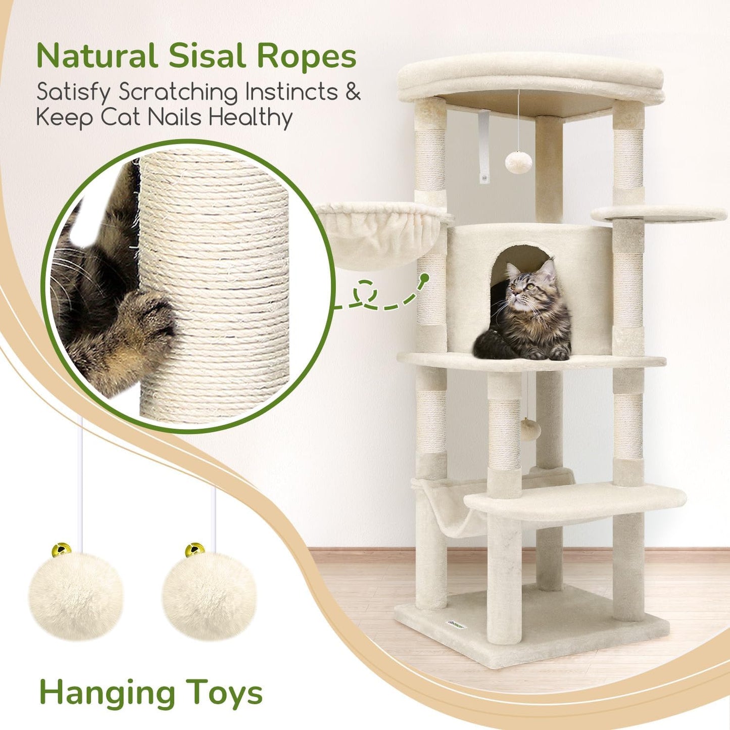 Globlazer Corner Cat Tree Tower with Scratching Post for Indoor Cats, 51in Plush Multi-Level Cat Tower with Large Hammock, Fan-Shaped Padded Perch, Spacious Cat Condo, Hanging Basket, C51, Light Beige