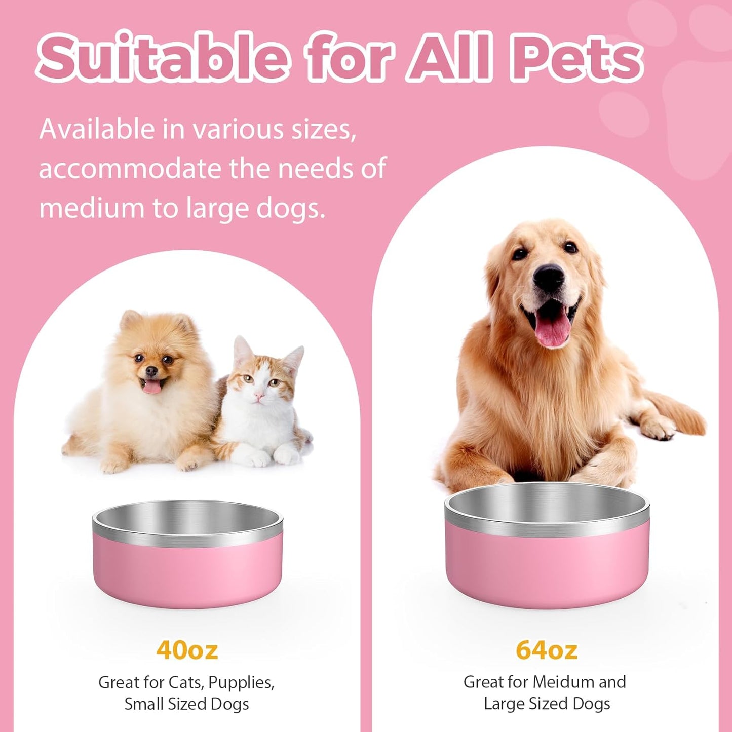 LIANLAI Dog Bowls, Rust-Resistant Stainless Steel Dog Bowls, Non-Slip Double-Walled Pet Dishes, Dishwasher Safe (Pink,40 oz)