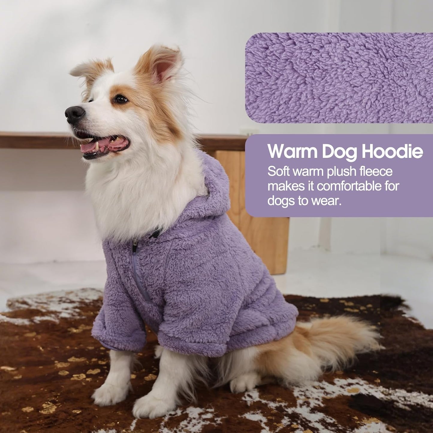 IDOMIK Fuzzy Dog Sweater with Adjustable Hood, Warm Fleece Dog Sweater Hoodie with Harness Hole & Pocket, Pullover Sweaters for Large Dogs, Fuzzy Hooded Sweatshirt for Fall Winter Christmas,Purple,3XL
