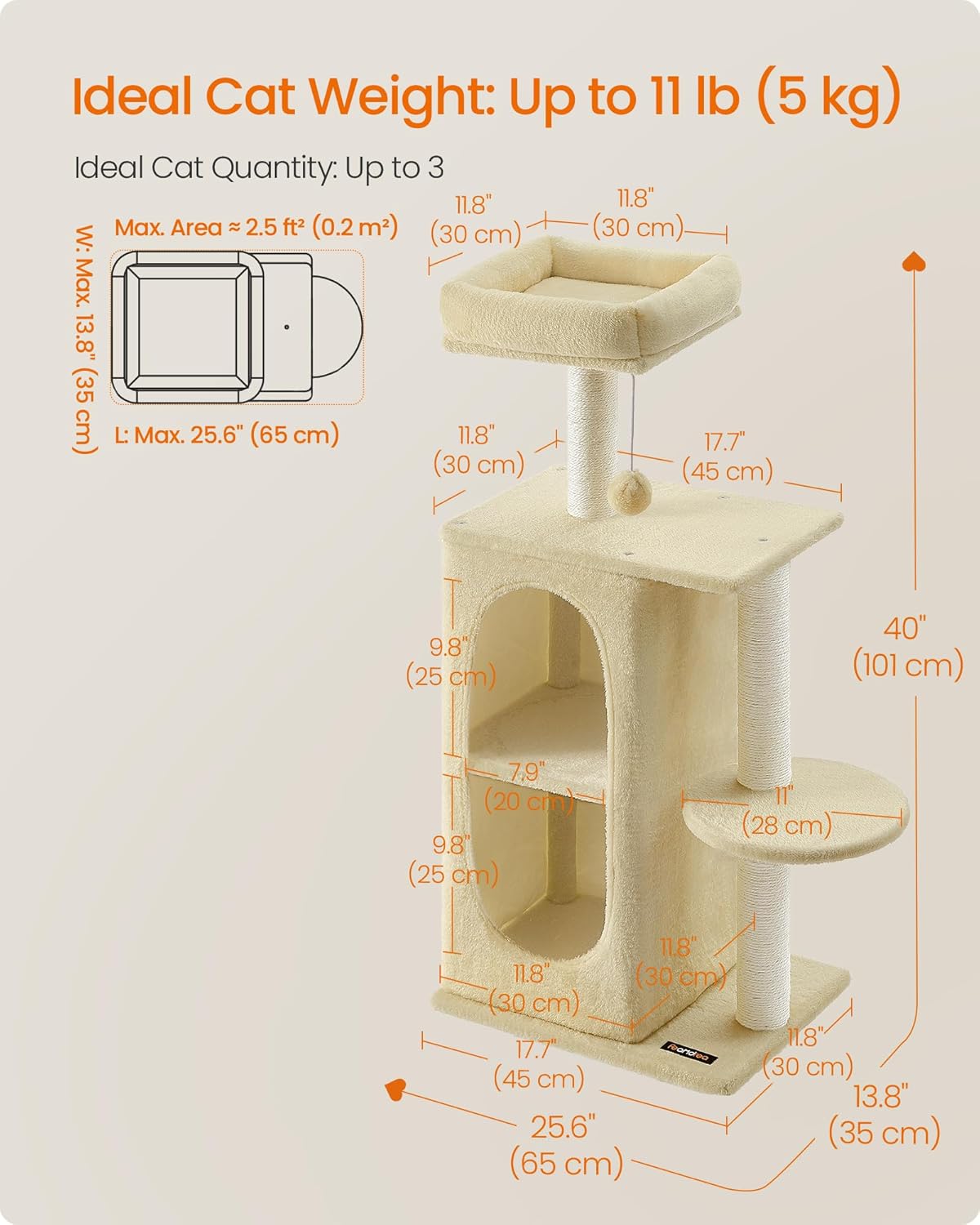 Feandrea Cat Tree Tower with 2 Caves for Multi-Cat Households, Kittens, Scratching Posts, Sand Beige UPCT005Y01