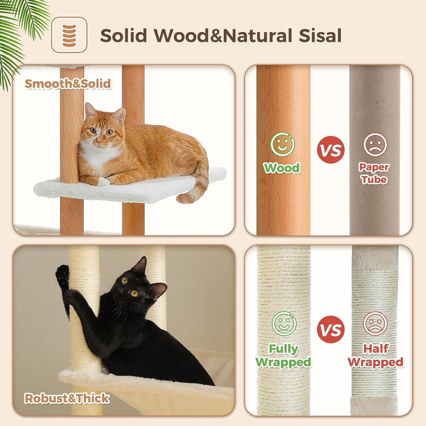 PAWZ Road Large Cat Tree, 73 Inches Tall Wooden Cat Tower with 2 Spacious Hammocks,2 Big Top Beds,8 Fully Scratching Posts and Natural Wood Posts, Multi Cat Tree for Indoor Cats Large Adult-XL