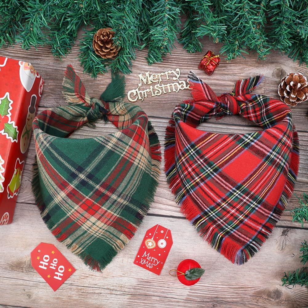 Vivifying Dog Christmas Bandana with Tassels Edges, 2 Pack Classic Plaid Triangle Dog Apparel & Accessories, Funny Holiday Pet Scarf Costume for Photo Prop, and Party Decor (Large, Red&Green)