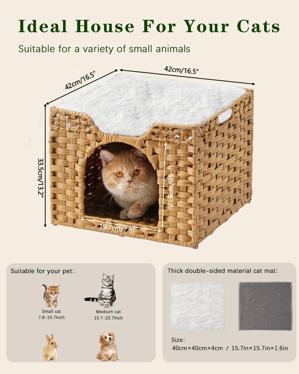 Cat Beds Indoor Kitten House, Handwoven Rattan Cat Cave Pet Cube, Large Cat Houses, One Bed Mat, Foldable, Hideaway, 16.5x16.5x13.2 Inches, 2 S-Shaped Hooks in Living Room Bedroom Natural