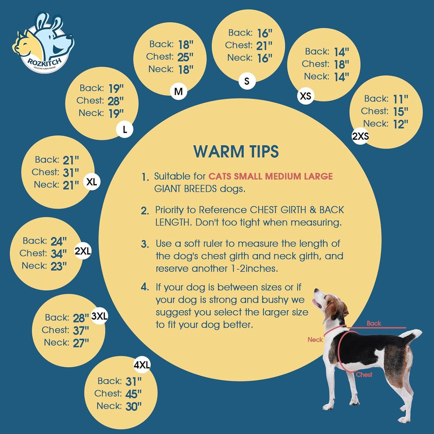 ROZKITCH Dog Fleece Jacket, Pet Windproof Warm Cold Weather Jacket Vest Cozy Jumpsuit Apparel Outfit Clothes for Medium Large Dog Walking Hiking Sleep Blue XL