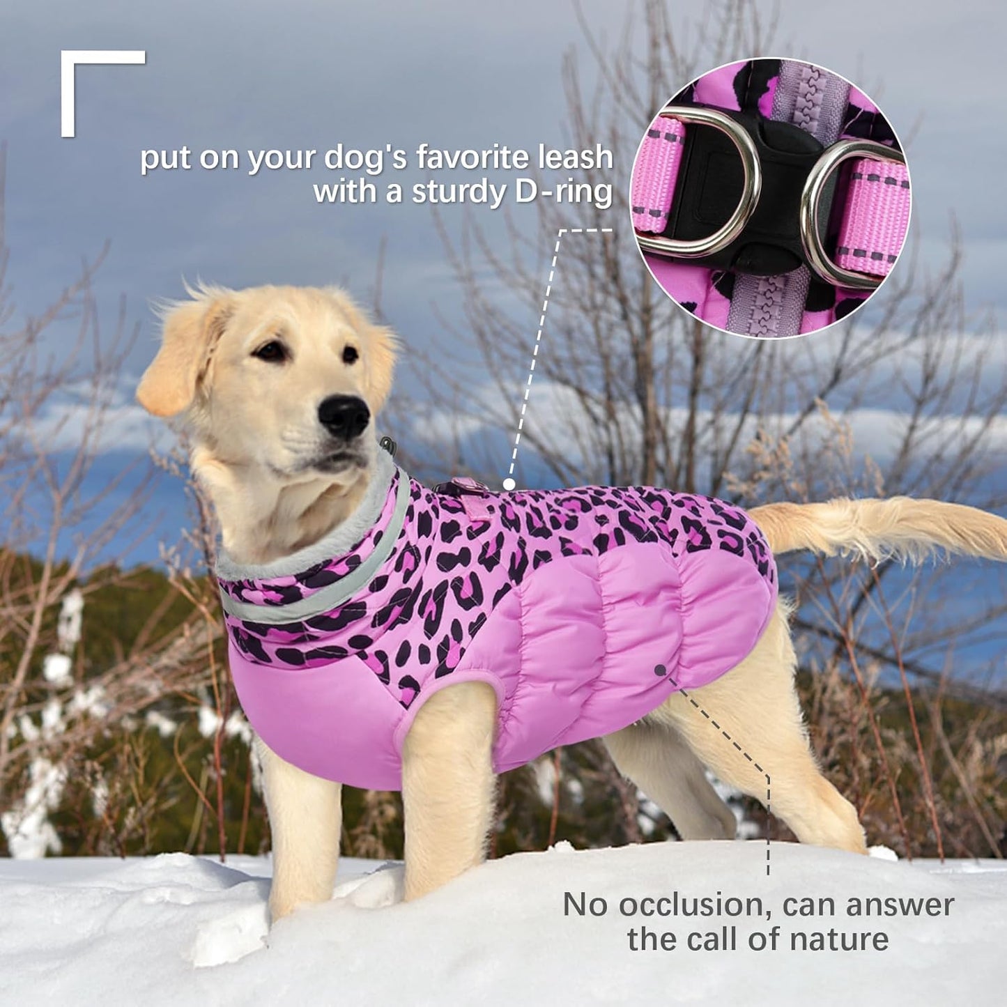 FUAMEY Dog Coat for Large Dogs,Waterproof Dog Winter Jacket with Harness Built in Puppy Cold Weather Coats Reflective Pet Vest with Zipper Warm Fleece Dogs Snowsuit Windproof Pink Leopard XXXL