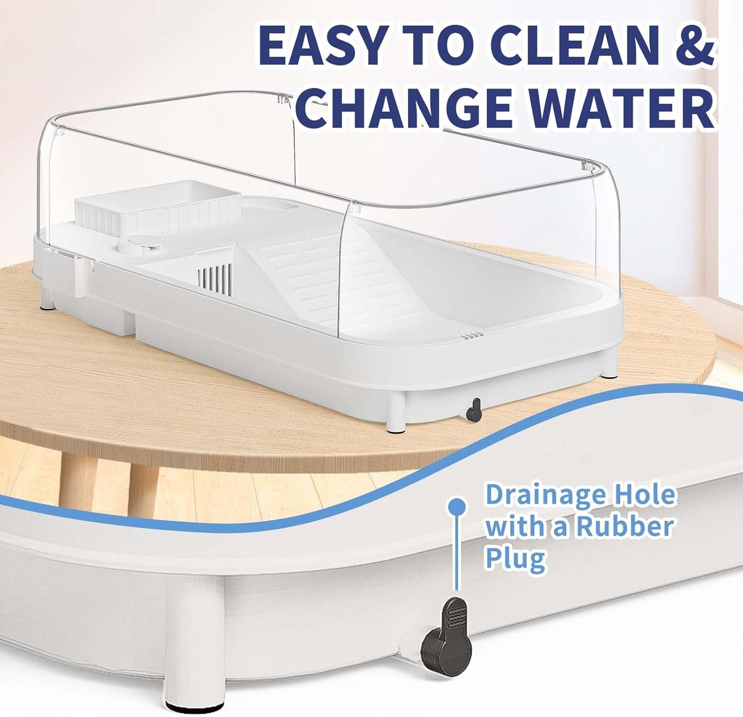 Large Turtle Tank with Water Pump, Acrylic Turtle Tank Starter Kit with Heightened and Curved Fences, Multi-Function Areas, Bottom Drainage