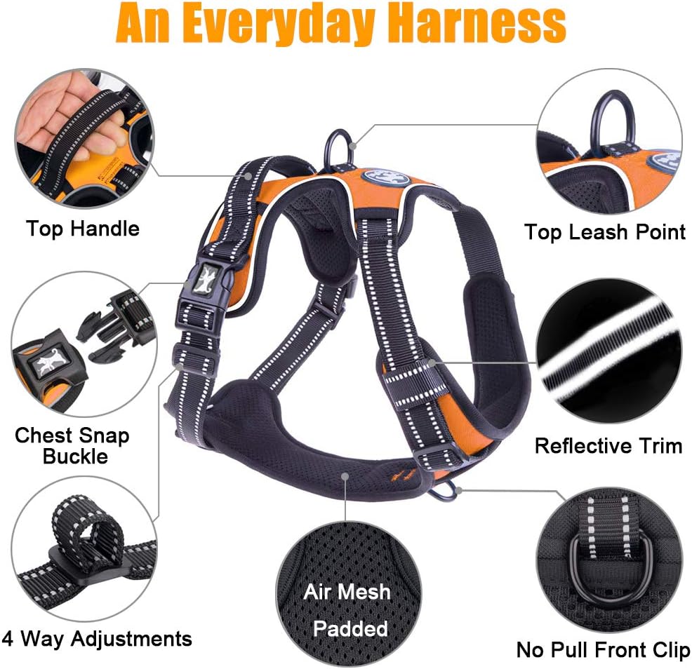 PoyPet No Pull Dog Harness, Reflective Comfortable Vest Harness with Front & Back 2 Leash Attachments and Easy Control Handle Adjustable Soft Padded Pet Vest for Small to Large Dogs (Orange,S)