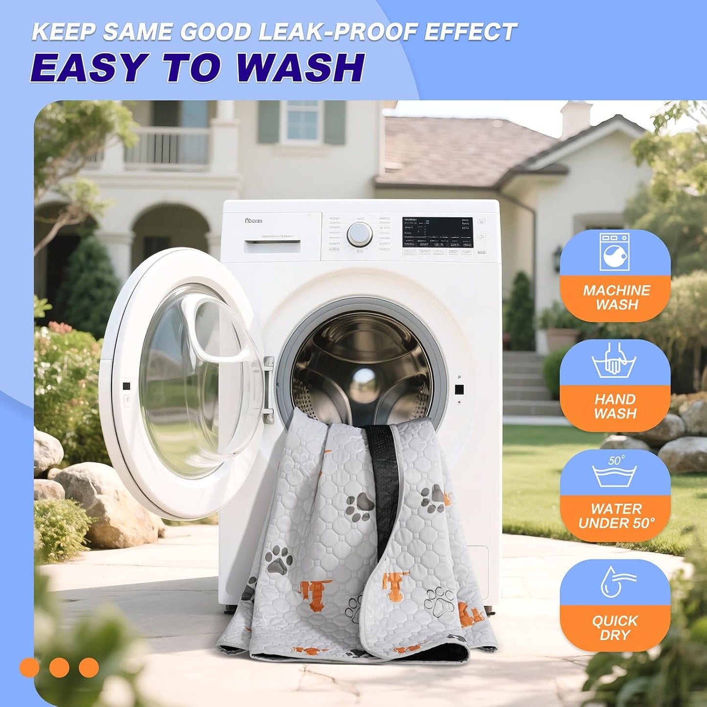 Washable Pee Pads for Dogs, 2 Pack Absorbent Reusable Training Dog Pads Pet Puppy Pads, Non-Slip Potty Pads for Whelping, Playpen, Crate, Bed, Orange, 48"x48"