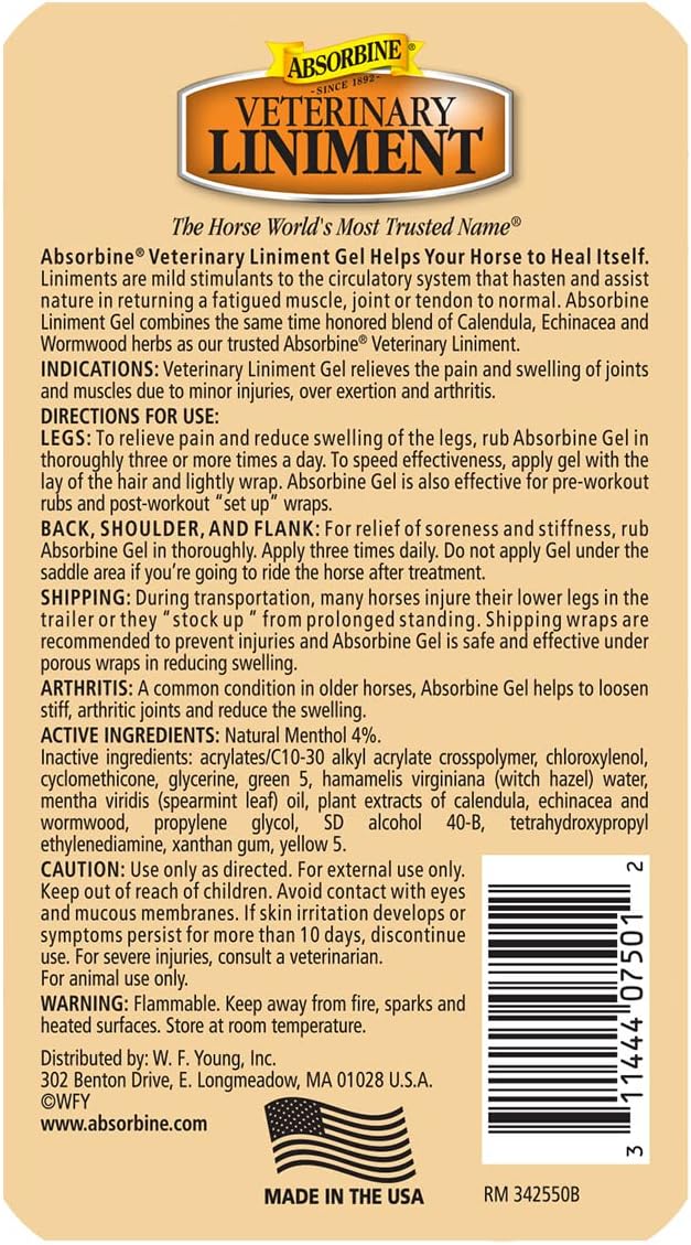 Absorbine Veterinary Liniment Gel, Topical Menthol Analgesic Rub for Sore Muscle, Joint & Arthritis Pain Relief, Combo Pack Includes 12oz Value Size + 3oz Travel Size