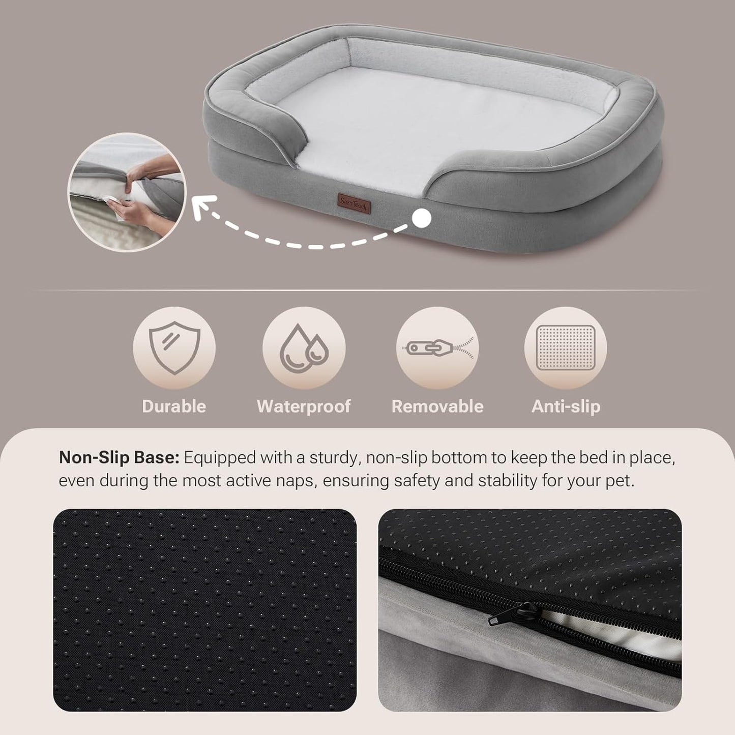 Soft Touch Orthopedic Dog Bed for Large Dogs with Faux Fur Top, Waterproof Pet Couch Bed with Removable Washable Cover and Supportive Foam Filling (Grey, Large)