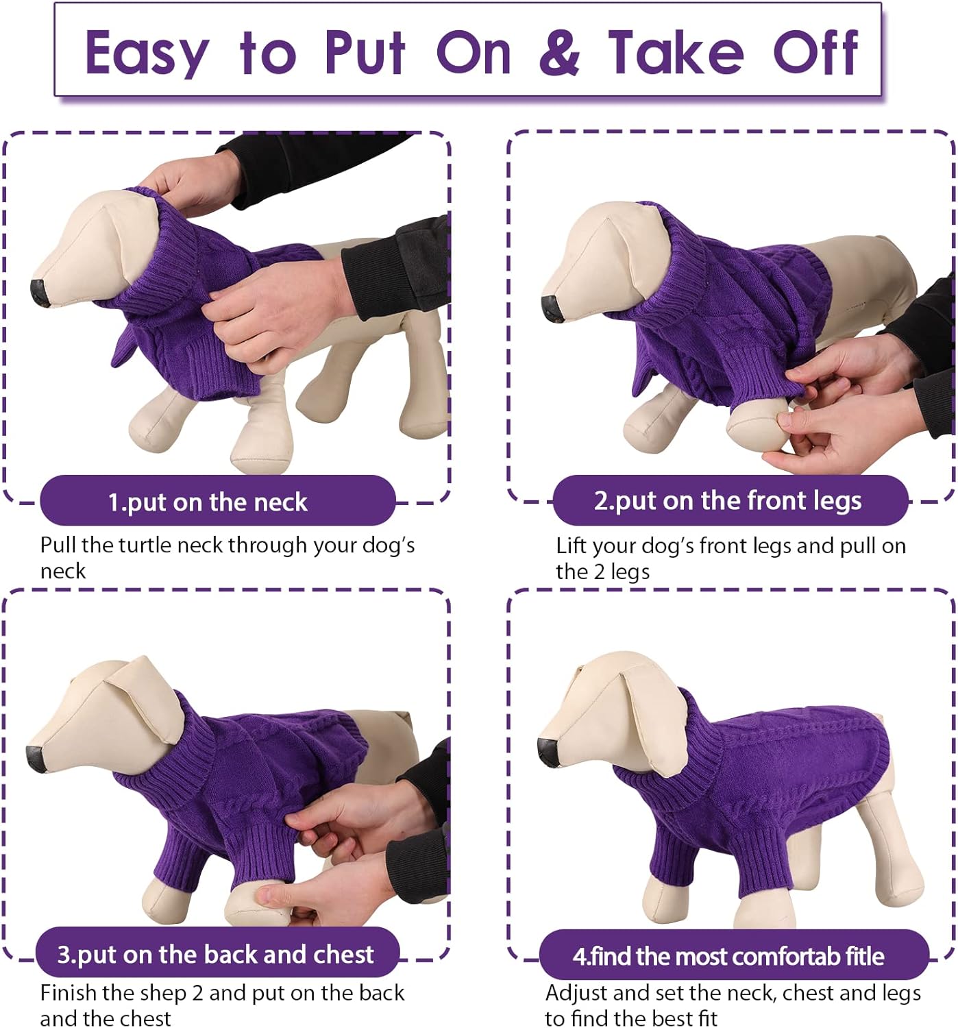 Queenmore Small Dog Pullover Sweater, Cold Weather Cable Knitwear, Classic Turtleneck Thick Warm Clothes for Chihuahua, Bulldog, Dachshund, Pug (Purple, X-Large)