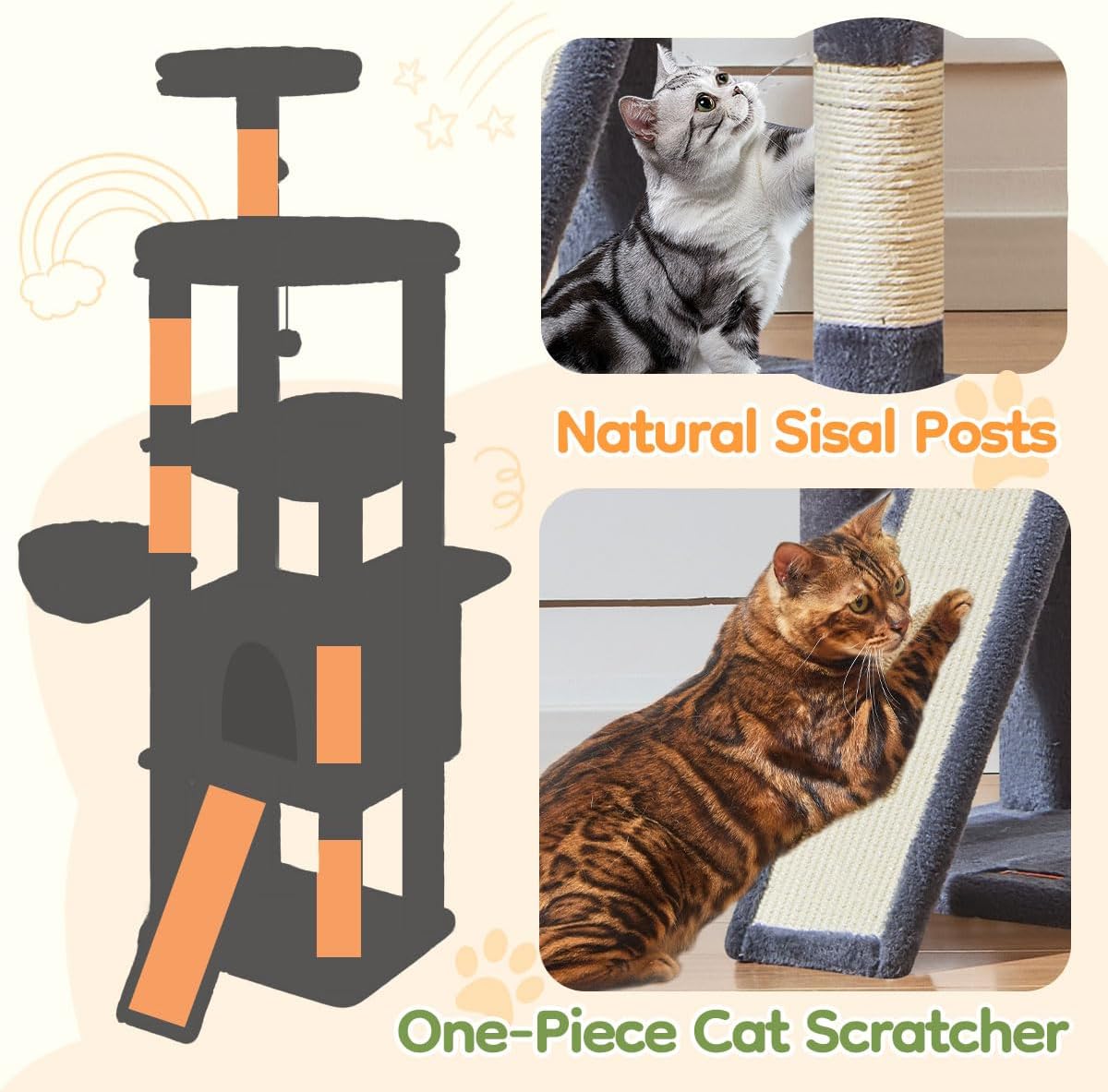 Taoqimiao 72 Inches Cat Tree for Large Cats, Multi-Level Tall Cat Tower, Widened Cat Condo with Large Scratch Board, 5 Scratching Posts, Metal Hammcock, Cozy Basket, Smoky Gray, MS045G