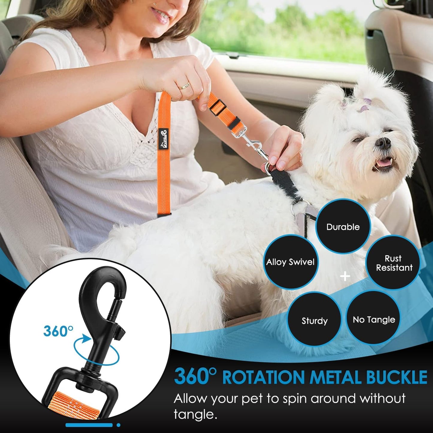 Lukovee Dog Seatbelt Leash for Cars, 2 Pack Pet Safety Car Seat Belt with Adjustable Buckle & Reflective Bungee, Connect Dog Harness in Vehicle Car Dogs Restraint Travel Daily Use (Orange)