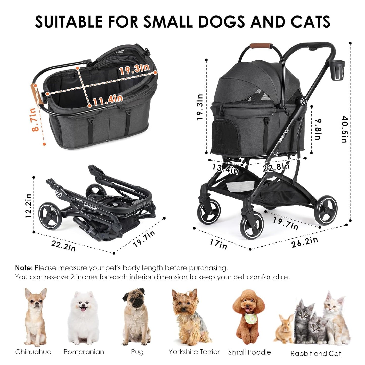 T3 Foldable Pet Stroller for Small Dogs & Cats – 3-in-1 Lightweight Design, 180° Canopy & Detachable Carrier (Black)