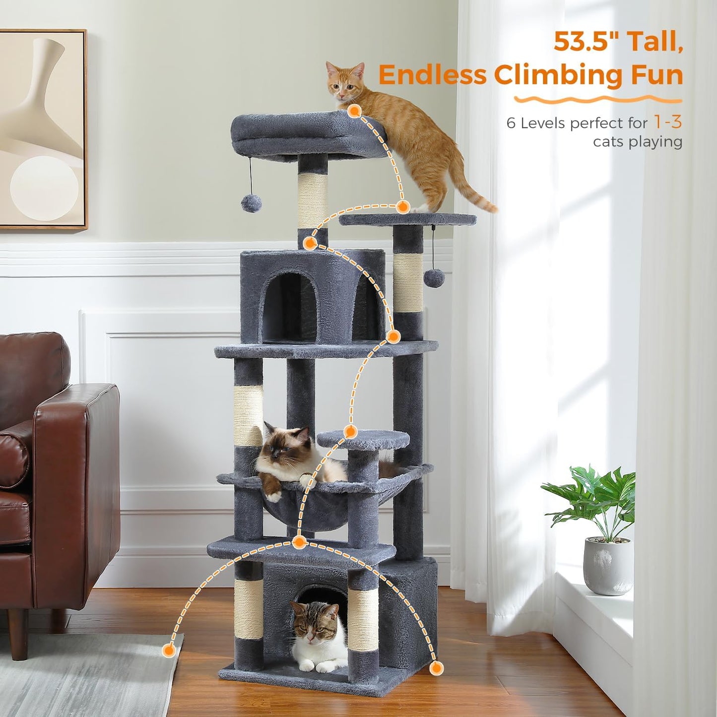 PAWZ Road Cat Tree, 53.5 Inches Tall Cat Tower with Spacious Hammocks, Condos and Scratching Posts, Cat House with Dual Padded Perches for Indoor Large Cats-Dark Gray