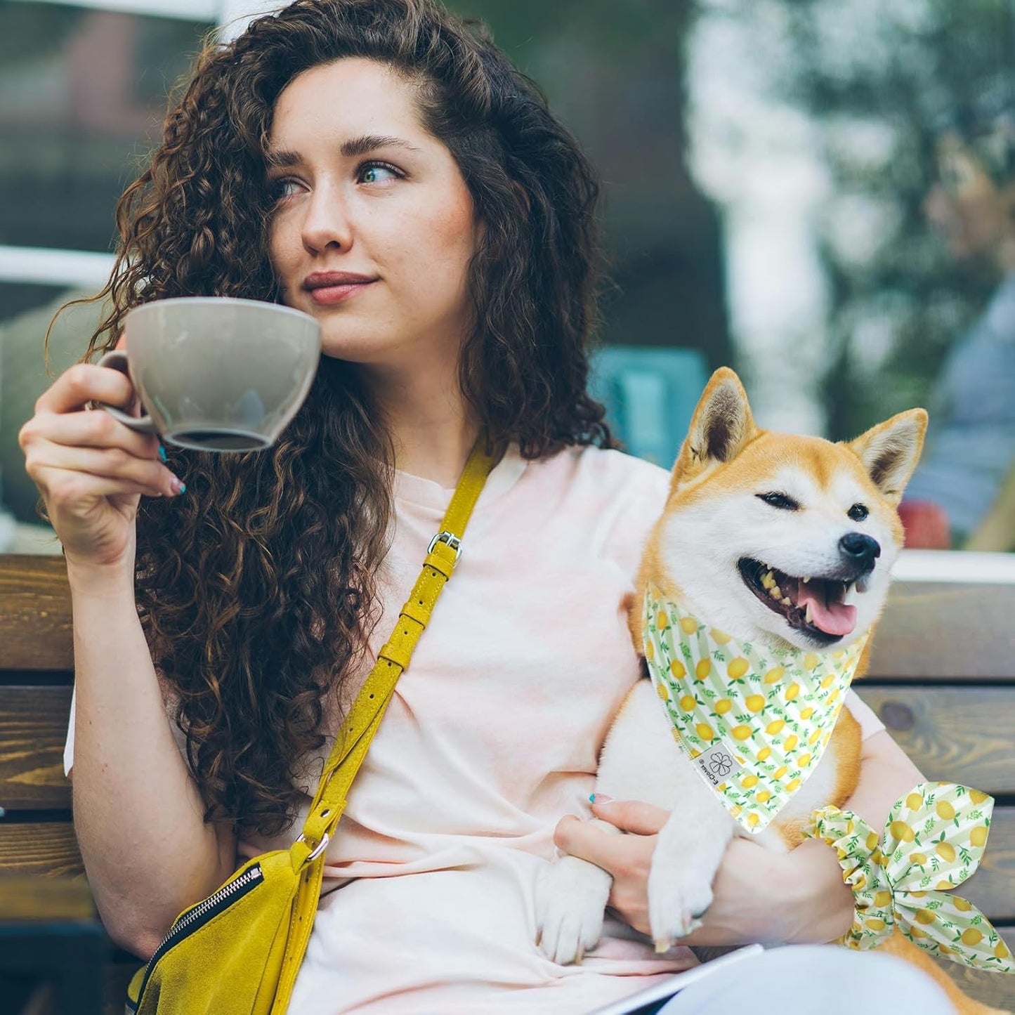 E-Clover Summer Lemon Dog Bandanas & Matching Scrunchie Set Green Stripe Dog Scarf Bibs Pet Bandana with Bow Tie for Medium Large Dogs Owner Mom