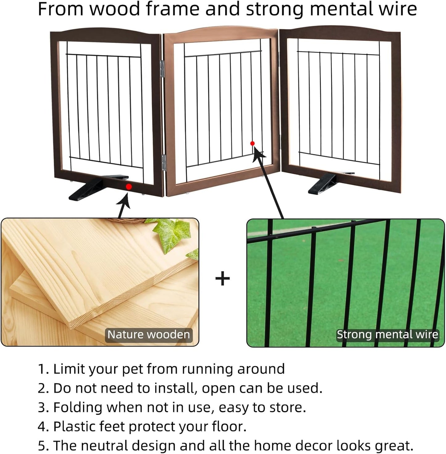 ZJSF Freestanding Dog Fence Indoor, Foldable Dog Gate for Doorways, Stairs or Hallways, Sturdy Wood Extra Wide Pet Gate with Support Feet for The House, Brown, 24 "Height-3 Panels